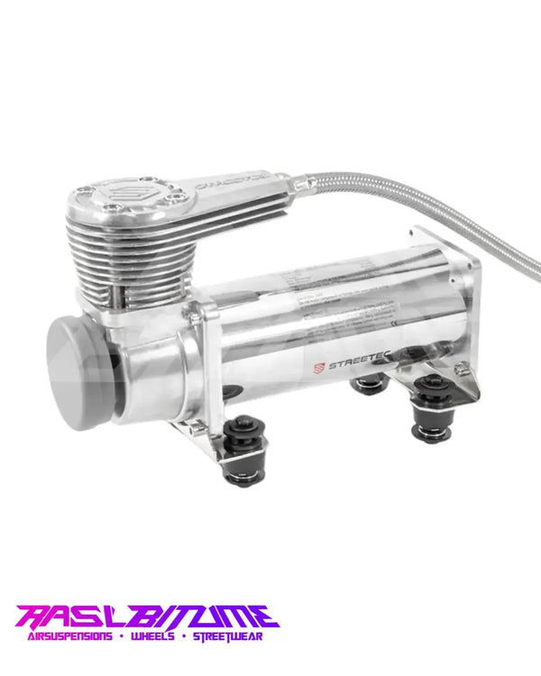 Compresseur à Piston STREETEC comp1 EVO Chromé – 12V, 200 PSI, avec Kit Anti-Vibration Rasl'Bitume