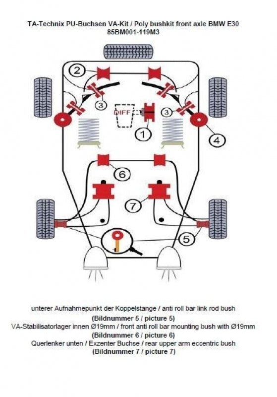 Kit silentblocs polyuréthane 12 pièces / train avant avec Ø 19 mm barre stabilisatrice / M3 excentrique / pour BMW Série 3 E30 — TA Technix