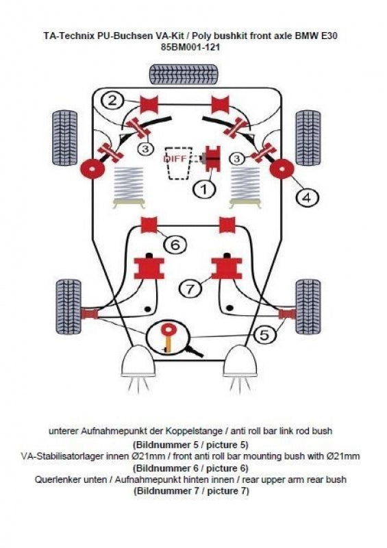 Kit silentblocs polyuréthane 12 pièces / train avant avec Ø 21 mm barre stabilisatrice / pour BMW Z1 Roadster / Série 3 E30 — TA Technix