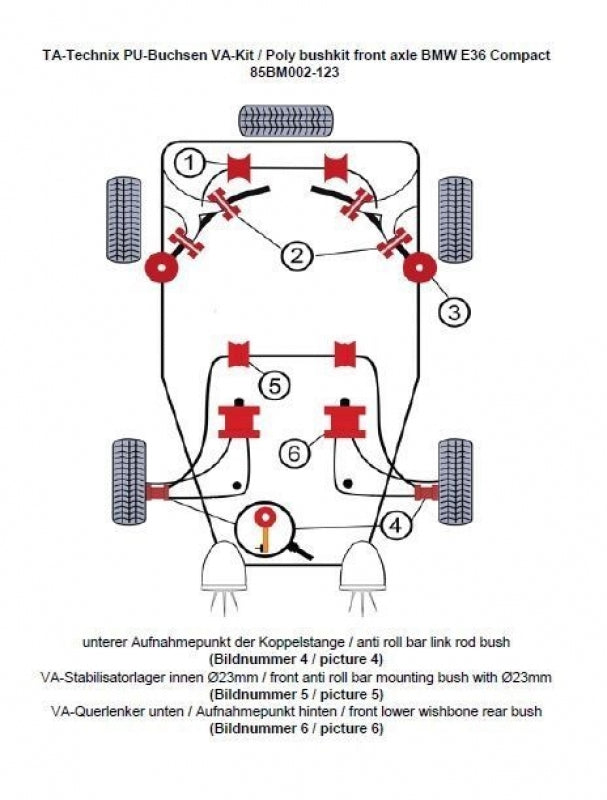 Kit silentblocs polyuréthane 12 pièces / train avant avec Ø 23 mm barre stabilisatrice / pour BMW Série 3 E36 Compact / Série 3 E36 / Z3 Roadster/Coupé — TA Technix