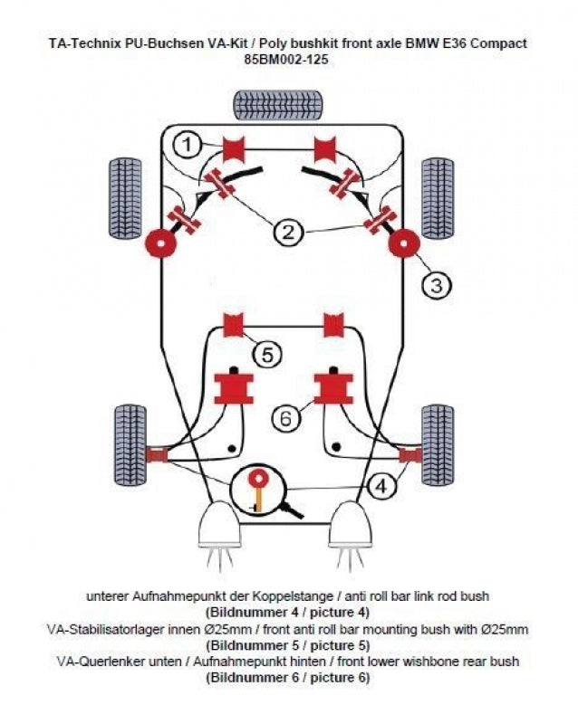 Kit silentblocs polyuréthane 12 pièces / train avant avec Ø 25 mm barre stabilisatrice / pour BMW Série 3 E36 Compact / Série 3 E36 / Z3 Roadster/Coupé — TA Technix