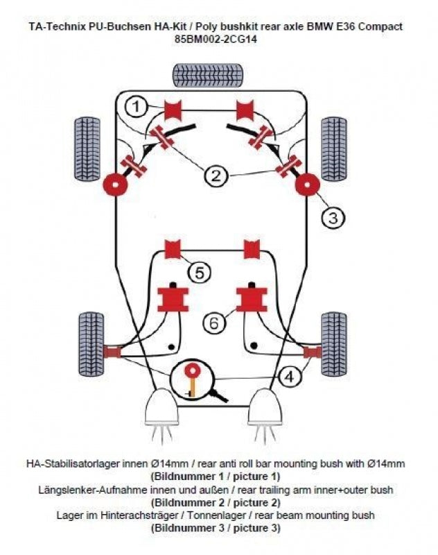 Kit silentblocs polyuréthane 14 pièces / train arrière avec Ø 14 mm barre stabilisatrice / pour BMW Série 3 E36 Compact — TA Technix