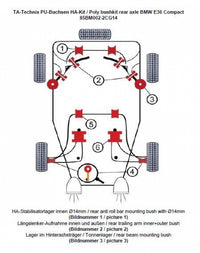 Kit silentblocs polyuréthane 14 pièces / train arrière avec Ø 14 mm barre stabilisatrice / pour BMW Série 3 E36 Compact — TA Technix