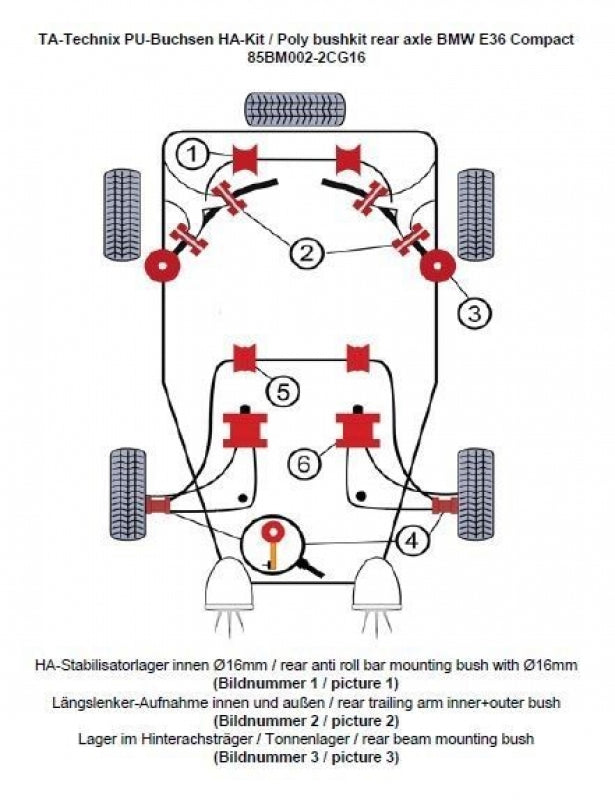 Kit silentblocs polyuréthane 14 pièces / train arrière avec Ø 16 mm barre stabilisatrice / pour BMW Série 3 E36 Compact / Z3 Roadster/Coupé — TA Technix