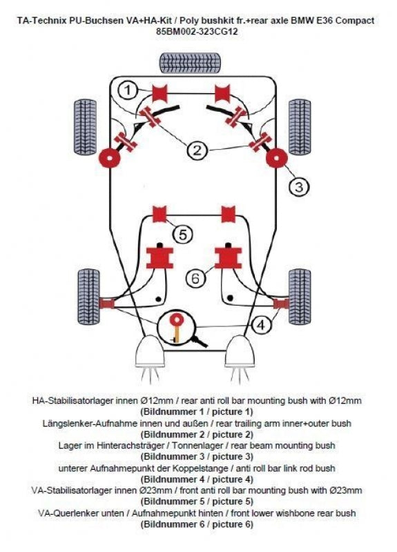 Kit silentblocs polyuréthane 32 pièces / train avant + train arrière / train avant avec Ø 23 mm barre stabilisatrice / train arrière avec Ø 12 mm barre stabilisatrice / pour BMW Série 3 E36 Compact — TA Technix