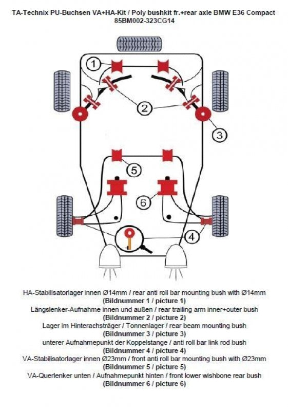 Kit silentblocs polyuréthane 32 pièces / train avant + train arrière / train avant avec Ø 23 mm barre stabilisatrice / train arrière avec Ø 14 mm barre stabilisatrice / pour BMW Série 3 E36 Compact — TA Technix