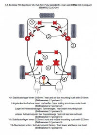 Kit silentblocs polyuréthane 32 pièces / train avant + train arrière / train avant avec Ø 23 mm barre stabilisatrice / train arrière avec Ø 18 mm barre stabilisatrice / pour BMW Série 3 E36 Compact — TA Technix