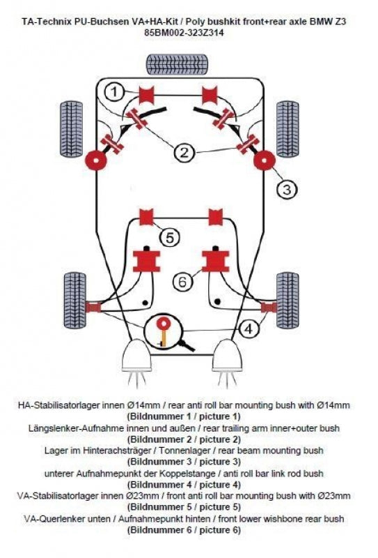 Kit silentblocs polyuréthane 32 pièces / train avant + train arrière / train avant avec Ø 23 mm barre stabilisatrice / train arrière avec Ø 14 mm barre stabilisatrice / pour BMW Z3 Roadster/Coupé Série E36 — TA Technix