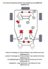 Kit silentblocs polyuréthane 20 pièces / train arrière avec Ø 15 mm barre stabilisatrice / pour BMW Série 3 E46 / E46 Compact — TA Technix