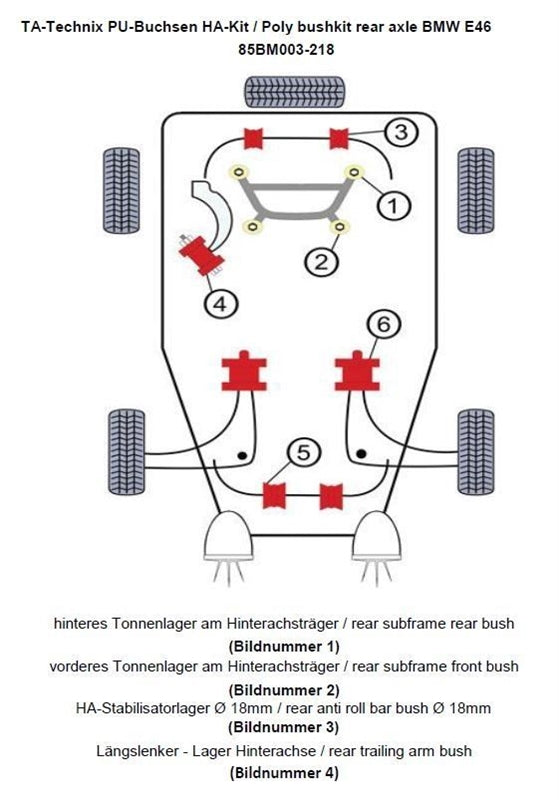Kit silentblocs polyuréthane 20 pièces / train arrière avec Ø 18 mm barre stabilisatrice / pour BMW Série 3 E46 / E46 Compact — TA Technix