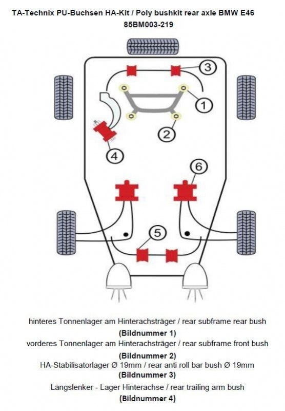 Kit silentblocs polyuréthane 20 pièces / train arrière avec Ø 19 mm barre stabilisatrice / pour BMW Série 3 E46 / E46 Compact — TA Technix