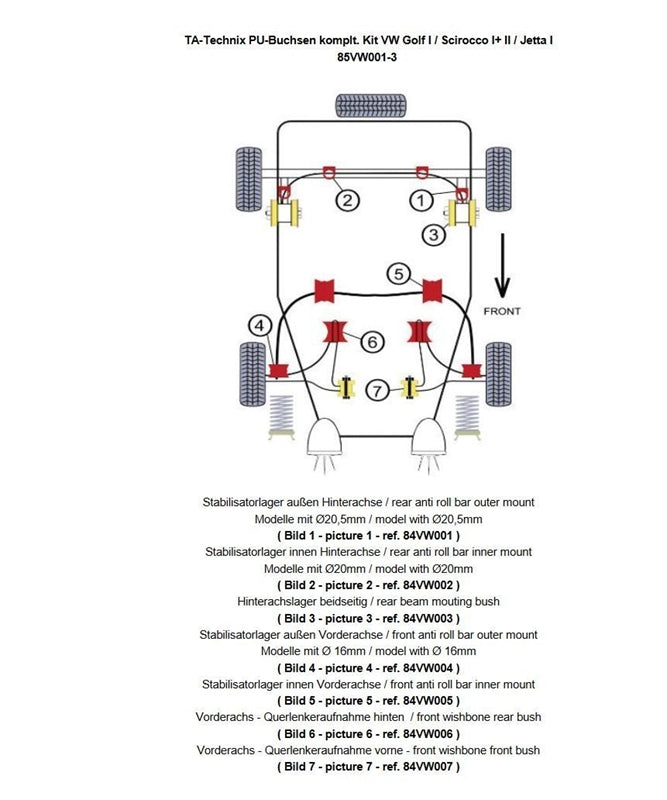 Kit silentblocs polyuréthane 26 pièces, VA + train arrière pour VW Golf I / Scirocco I + II / Jetta I — TA Technix