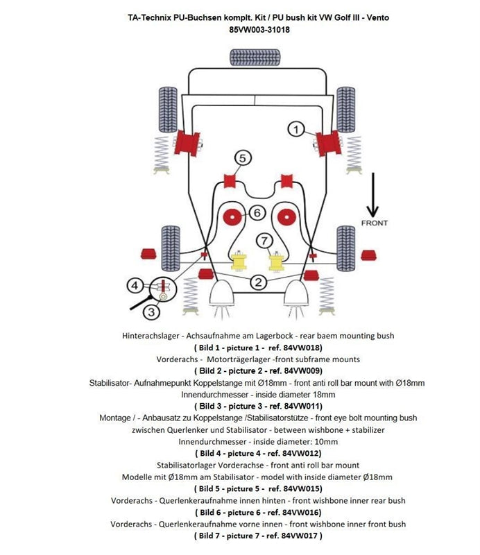 Kit silentblocs polyuréthane 28 pièces / train avant + train arrière / pour VW Golf III / Golf III + IV Cabriolet / Vento — TA Technix