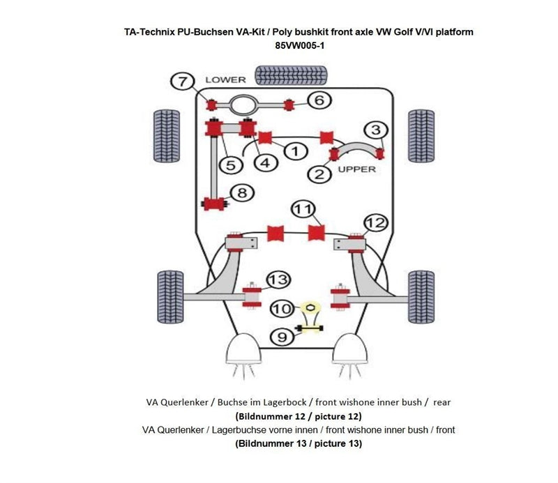 Kit silentblocs polyuréthane 8 pièces / train avant / pour Audi A3 / Q3 / TT / Seat Leon / Altea / Toledo / Alhambra / Skoda Octavia / Superb / Yeti / VW Scirocco / Eos / Jetta / Golf / Touran / Caddy / Tiguan / Passat / Sharan — TA Technix