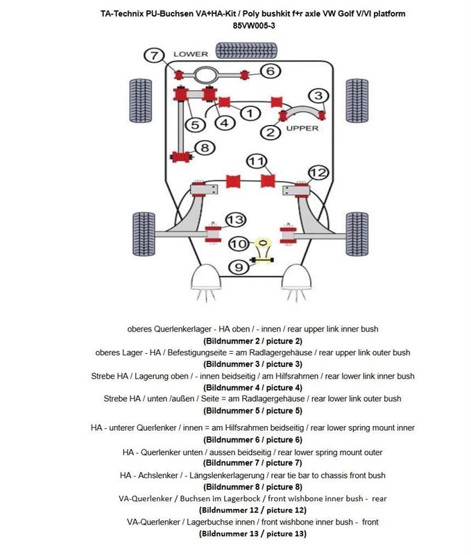 Kit silentblocs polyuréthane 54 pièces / train avant + train arrière / pour Audi A3 / Q3 / TT / Seat Leon / Altea / Toledo / Alhambra / Skoda Octavia / Superb / Yeti / VW Scirocco / Eos / Jetta / Golf / Touran / Tiguan / Passat / Sharan — TA Technix