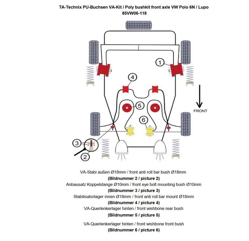 Kit silentblocs polyuréthane 26 pièces / train avant avec 18 mm barre stabilisatrice / pour Seat Arosa (6H)/ VW Lupo (6X/6E)/ Polo (6N + 6N2) — TA Technix