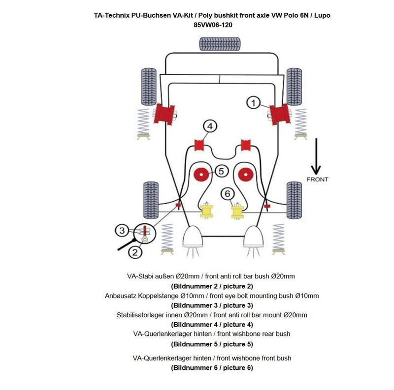 Kit silentblocs polyuréthane 26 pièces / train avant avec 20 mm barre stabilisatrice / pour Seat Arosa (6H)/ VW Lupo (6X/6E)/ Polo (6N + 6N2) — TA Technix