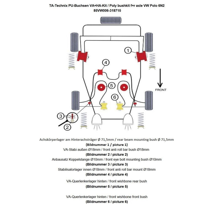 Kit silentblocs polyuréthane 30 pièces / train avant avec 18 mm barre stabilisatrice + train arrière Ø 71,5 mm / pour VW Polo 6N2 — TA Technix