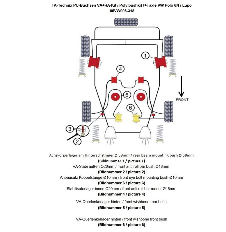 Kit silentblocs polyuréthane 30 pièces / train avant avec 18 mm barre stabilisatrice + train arrière Ø 58 mm / pour Seat Arosa (6H)/ VW Lupo (6X/6E)/ Polo (6N + 6N2) — TA Technix