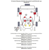 Kit silentblocs polyuréthane 30 pièces / train avant avec 18 mm barre stabilisatrice + train arrière Ø 58 mm / pour Seat Arosa (6H)/ VW Lupo (6X/6E)/ Polo (6N + 6N2) — TA Technix