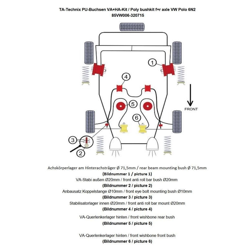 Kit silentblocs polyuréthane 30 pièces / train avant avec 20 mm barre stabilisatrice + train arrière Ø 71,5 mm / pour VW Polo 6N2 — TA Technix