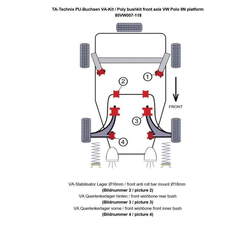 Kit silentblocs polyuréthane 10 pièces / train avant avec barre stabilisatrice 18 mm / pour Seat Ibiza, Cordoba (6L)/ Skoda Fabia, Roomster (6Y/5J)/ VW Fox (5Z)/ Polo (9N)/ Polo Stufenheck (9A) — TA Technix
