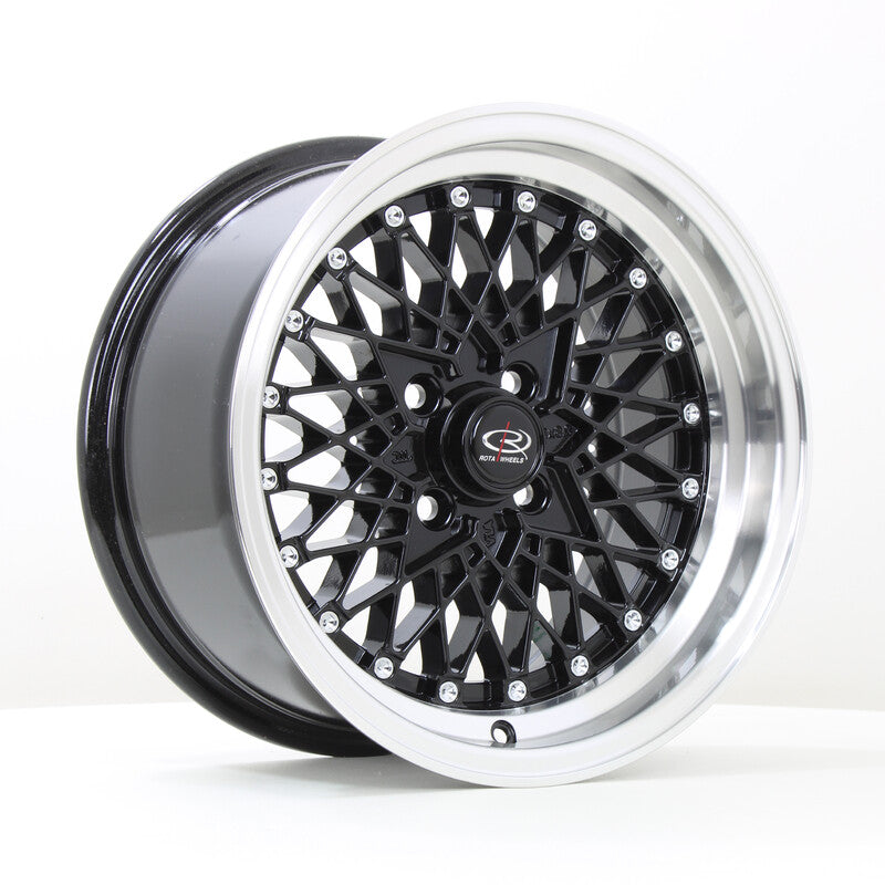 Rota OS Mesh 15x8" 4x100 ET20, Noir Brillant, Rebord Poli